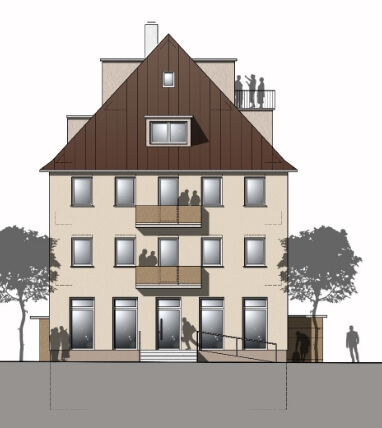 CAD Zeichnung eines modernen und energieeffzienten Wohn- und Gebäudekomplexes mit braunem Dach und beider Außenfassade.
